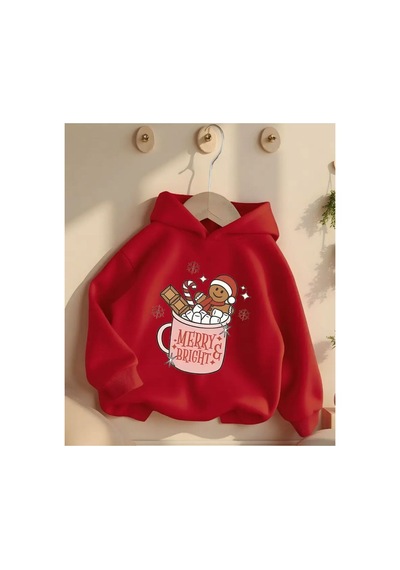 Herkesemoda Merry Bright Baskı Detaylı Kapüşonlu Sweatshırt Kırmızı