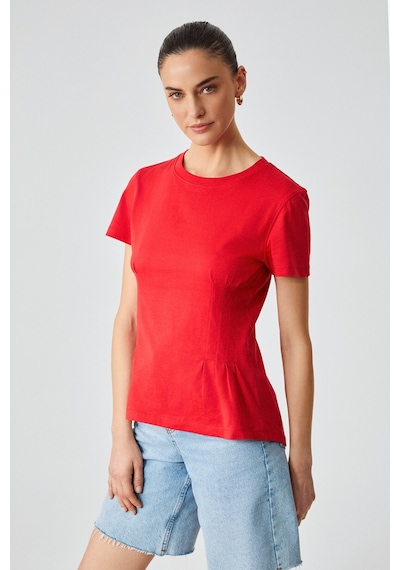 Grimelange JESSIA  Kadın Korse Detaylı %100 Organik Pamuk Bisiklet Yaka Kırmızı T-Shirt