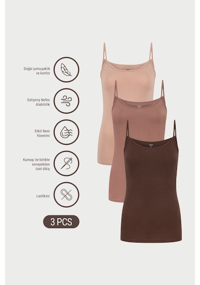 Auw Kadın İp Askılı Pamuklu Modal Basic Atlet 3'lü - Softfit Latte,bitter,bronz