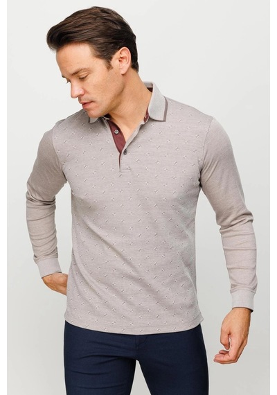 Desen Triko Erkek Polo Yaka Kare Desenli Uzun Kollu Sweatshirt Bej Bej