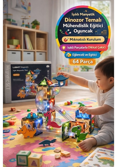 Magnetic Işıklı Manyetik Blok 64 Parça Dinozor Temalı Yapı Oyuncak Seti 3+ Eğitici Zeka Oyunu