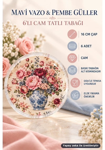 6'lı Cam Tatlı Tabağı - Mavi Vazo Ve Pembe Gül Desenli 16 Cm - 6 Adet Pasta Tabak