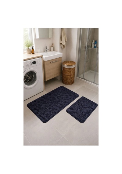Nixa Taş Desenli 2 Li Banyo Paspası Seti Kaymaz Tabanlı, Yumuşak Dokulu, Lacivert