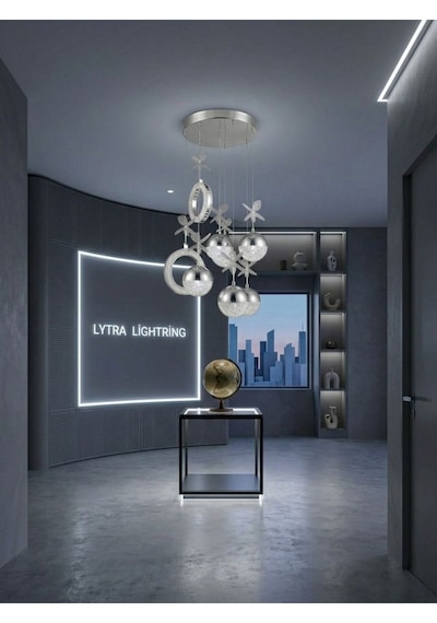 Luxe Model 8'li Gümüş 3 Renk Modu Ledli Kristal Taşlı Modern Salon Mutfak Oturma Odası Led Avize Gümüş