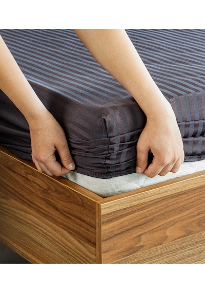Pamuklu Çizgili Saten Çift Kişilik Lastikli Çarşaf Seti 180x200 Antrasit