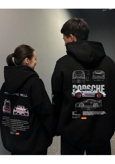 Brz Collection Unisex Oversize Porsche 911 Pink Hoodie Siyah