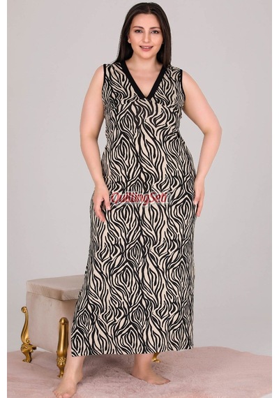 Siyah Renk Zebra Desenli Askılı Kol V Yaka, Lady 7247 Battal Büyük Beden Anne Gecelik, Anne Uzun Elbise - 3xl Siyah - Beyaz