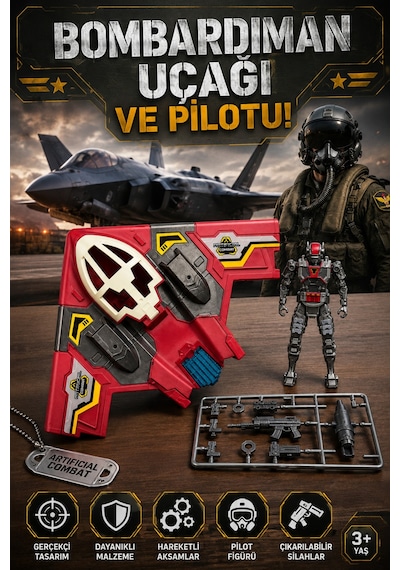 Sesli Ve Işıklı Bombardıman Uçağı Ve Robot Pilot Figürlü Askeri Oyun Seti