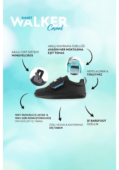 Smart Walker Casual Süper Mat Siyah Barefoot Çocuk Ayakkabı Siyah