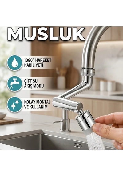 1080 Döner Musluk Ucu 3 Eklemli Esnek Başlık Ve 2 Akış Modu