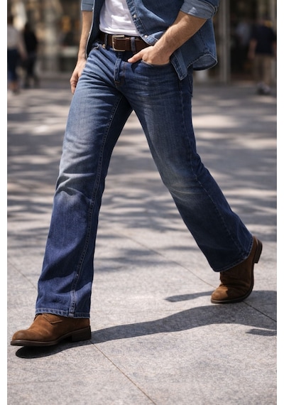 Cedy Denim Cedy Denım Premium Seri: Erkek Retro Flare Bootcut Jean - Geniş Paça Taşlanmış Denim Pantolon C370 Mavi