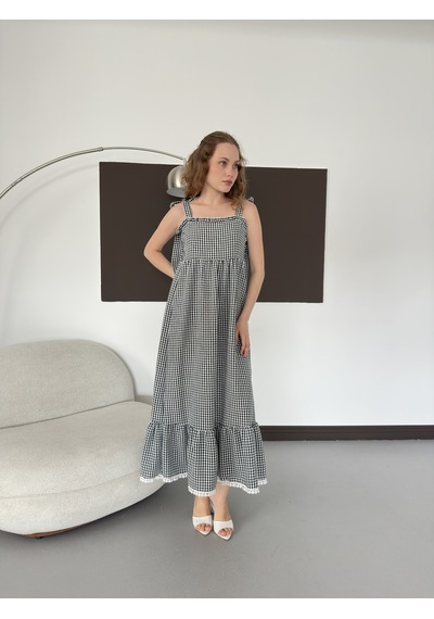 Verymoda Kadın Pötikare Desenli Askı Bağlama Detaylı Maxi Elbise D3108 Siyah