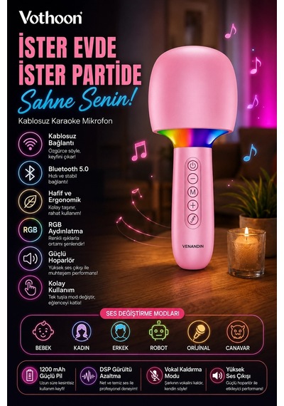 Zenvia Çocuk Ve Yetişkin Karaoke Mikrofonu Kablosuz Rgb Ambiyans Işığı Ses Değiştirme Modlu Hoparlör Znv2026