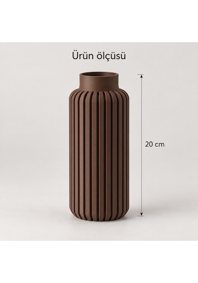 Dikey Çizgili Dekoratif Vazo 20 Cm Modern Silindir Tasarım Kahverengi
