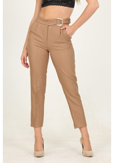 Neşeli Butik Kadın Camel Metal Kemerli Cepli Ofis Pantolon Qns028
