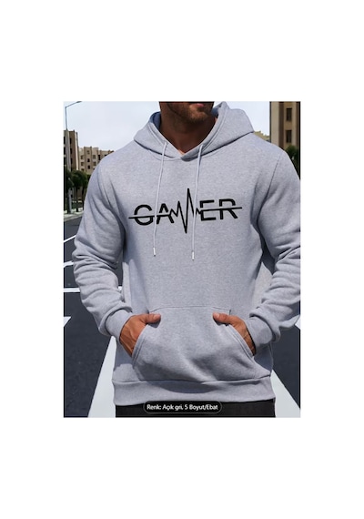 Herkesemoda Gamer Yazı Detaylı Kapüşonlu Sweatshırt Gri
