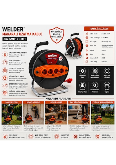 3x2.5mm 30mt Makaralı Uzatma Kablo Ct Welder 5250 Diğer