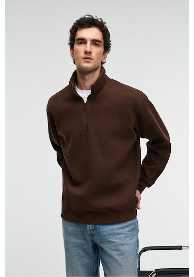 Grimelange BAXTER Erkek Dik Yakalı Fermuarlı Relaxed Kahverengi Sweatshirt