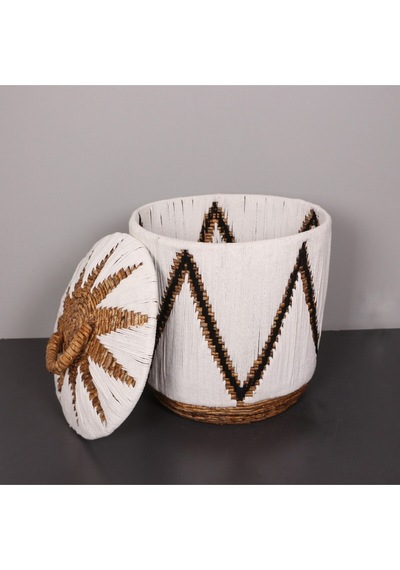 Söke Beyaz Makrome Ve Doğal Abaka - Kapaklı Sepet 46x45 Cm Beyaz