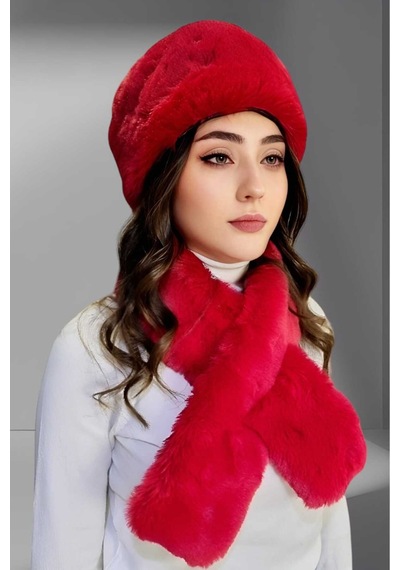 Tezzgelsin Kadın Vegan Kürk Kalpak-atkı Set Kırmızı