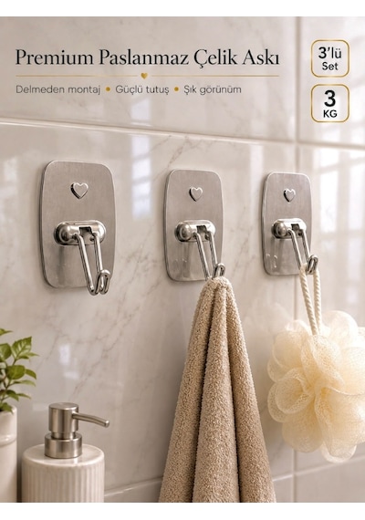 Mucit Home 3'lü Paslanmaz Çelik Çok Amaçlı Askı Havlu Askısı Banyo Mutfak Askısı Yapışkanlı Renkli