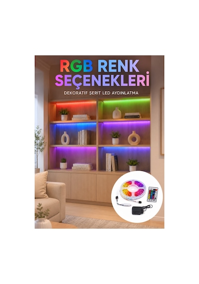 5 Metre Kumandalı Rgb Led Şerit 2835 Smd Dekoratif Tv Oda Masa Arkası Aydınlatma Çok Rnekli