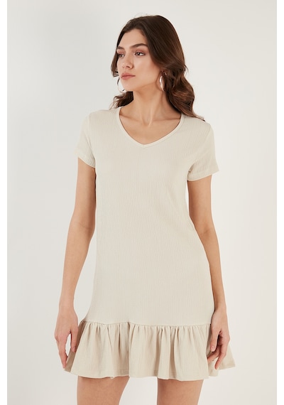 Lela Regular Fit Fırfırlı V Yaka Bürümcük Mini Bayan Elbise 5865071 Taş