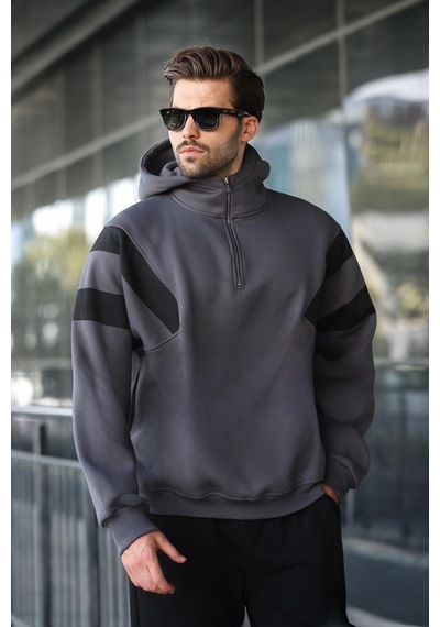 Madmext Füme Fermuarlı Yaka Kapüşonlu Erkek Sweatshirt E7161 Füme