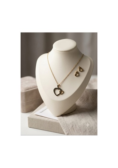 Lunarie 14k Gold Çelik İç İçe Çift Kalp Kolye Küpe Takı Seti Altın