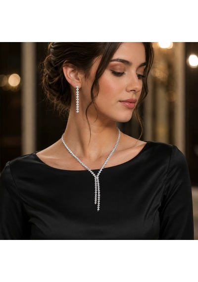 Kadın Zirkon Taşlı Sallantılı Abiye Kolye Küpe Seti 40 45 Cm Gümüş Renk Renkli
