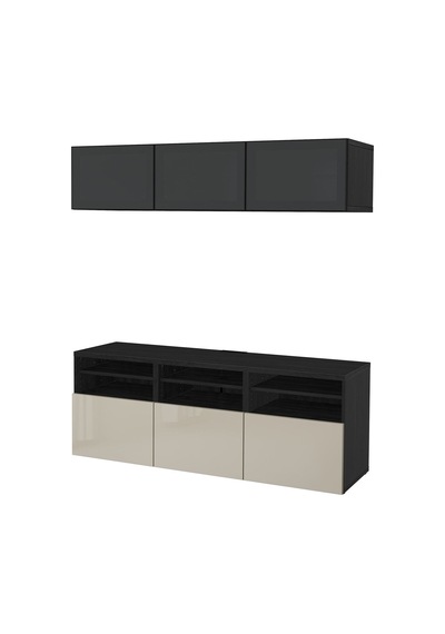 Tv Ünitesi, Venge-parlak Cila-bej-füme Cam, 180x42x192 Cm, Selsvıken/glassvık, Fren Raylı Gri Tv Ünitesi, Venge-parlak Cila-bej-füme Cam, 180x42x192 Cm, Selsvıken/glassvık, Fren Raylı Gri