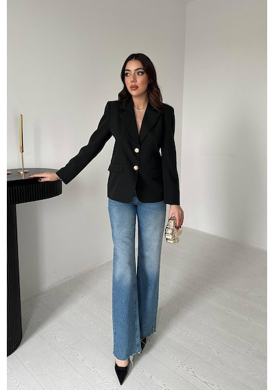 Cemo Kadın Klasik Yaka Gold Düğme Detaylı Blazer Ceket Siyah
