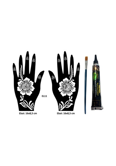 Airbrush Tattoo Karanfil Desenler El Üstü Dövme Seti 2'li + Kına Kalıbı Siyah Kına + Fırça