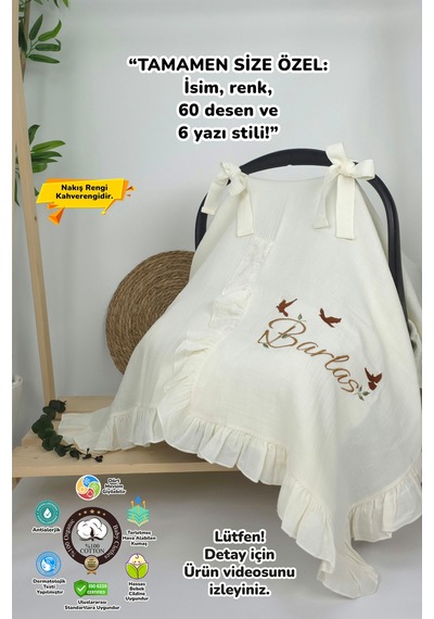 Gros Shop Müslin Yeni Doğan 4katlı Organik %100pamuk Kişiye Özgü Nakışlı Hastane Çıkış Seti 3'lü Kelebk Model Ekru-6