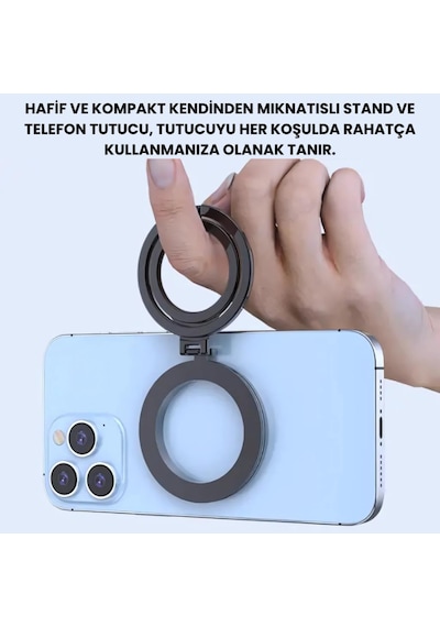 Coofbe Yükseklik Ayarlı Katlanılabilir Magsafe Uyumlu Magnetic Çift Halkalı Telefon Standı Halka Telefon Tutucu Siyah
