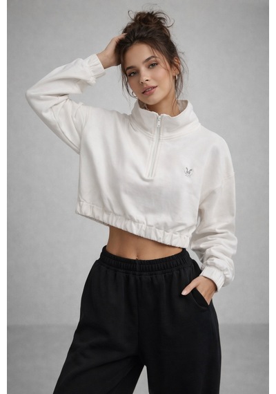 Kadın Ekru Crop Sweatshirt Scuba Kumaşı Beyaz