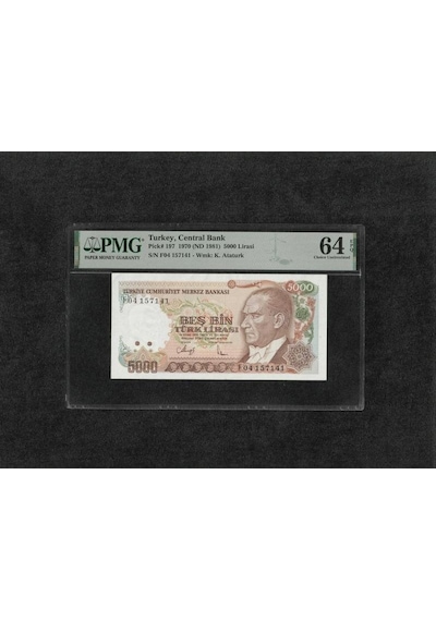 Türk Lirası Pmg 64 Epq Choice Unc Çil 5.000 Lira P 197 1970 Nd 1981 S/n F04 7. Emisyon 3. Tertip Büyük Mevlana