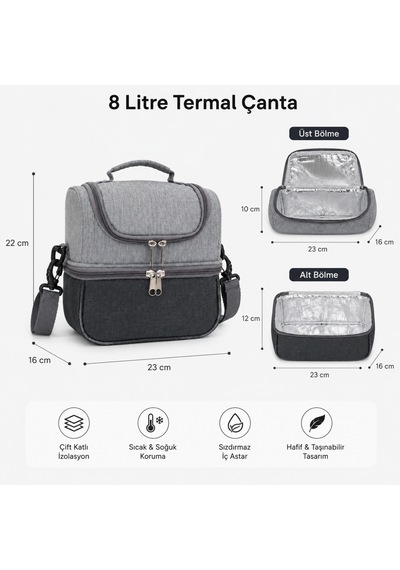 Termal Çanta 8 Lt Buzluk Çanta, Soğuk Tutan, Çift Bölmeli-344 Gri