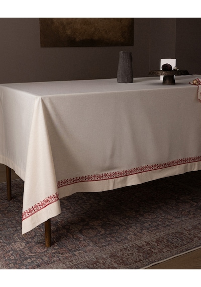 Madame Coco Ombrelot %100 Pamuk Masa Örtüsü - Ekru/kırmızı - 150x220 Cm 8684427298190 Çok Renkli