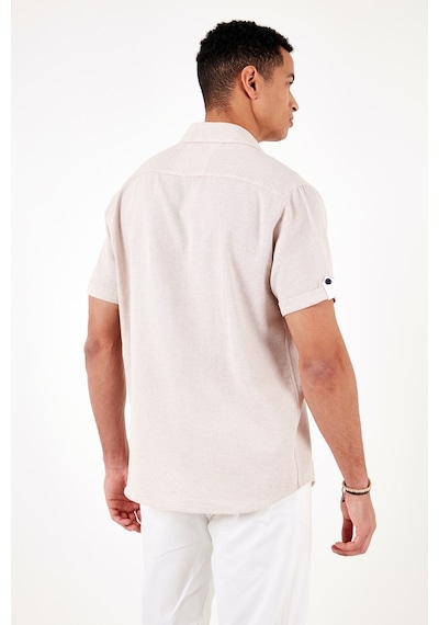 Buratti % 100 Pamuk Keten Görünümlü Slim Fit Kısa Kollu Erkek Gömlek Cf21S111766 Taş
