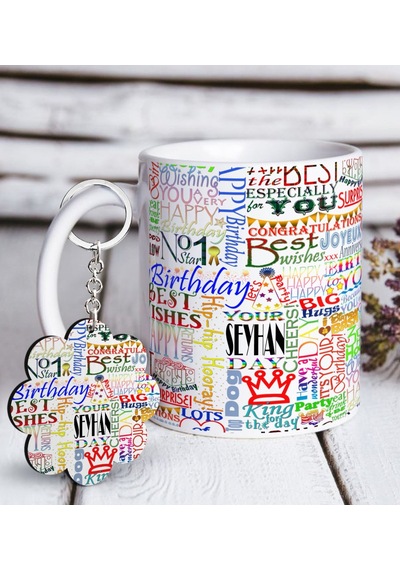 Kişiye Özel Happy Birthday Beyaz Kupa Ve Anahtarlık Seti-2