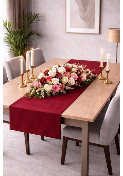 Perdeyap1980 Kadife Dokulu Bordo Renk Ada Serisi Runner 40 X 140 Cm Bordo