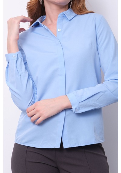 Pera Moda Kadın Basic Gizli Düğme Özellikli Gömlek Mavi