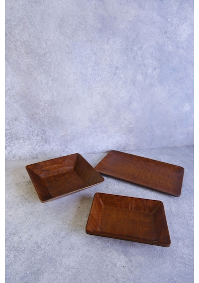 Justwood 3 Lü Ligna Ahşap Rölyefli Dikdörtgen Sunum Seti 16x26, 18x18, 12,5x17 Cm Servis Seti, Tabak Koyu Kahverengi