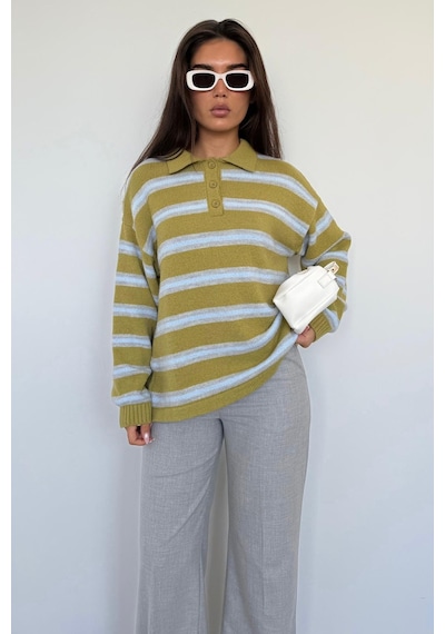 Madmext Yeşil Polo Yaka Çizgili Kadın Triko Kazak Mg2469 Yeşil