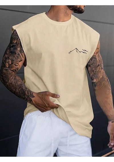 Dağ Silüet Baskılı Oversize Unisex Kolsuz Tişört Taş