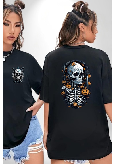 Cadılar Bayramı Kuru Kafa Siyah Oversize Unisex Ön Ve Sırt Baskılı Tişört Siyah Cadılar Bayramı Kuru Kafa Siyah Oversize Unisex Ön Ve Sırt Baskılı Tişört Siyah