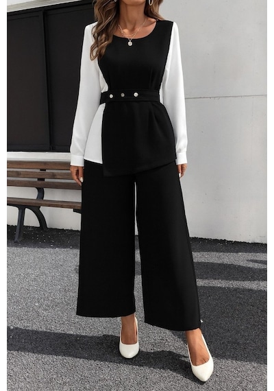 Moderie Butik Kadın Uzun Kollu Açık Yakalı Çift Renkli Kemerli Ithal Krep Ikili Takım Siyah Moderie Butik Kadın Uzun Kollu Açık Yakalı Çift Renkli Kemerli Ithal Krep Ikili Takım Siyah
