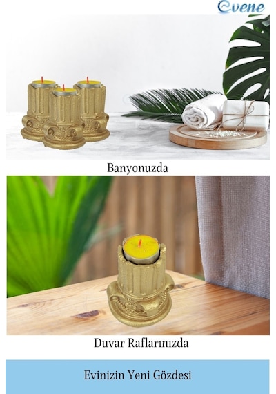 Eskitme Mumluk Şamdan 3 Adet Tealight Uyumlu Tarihi Sütun Model - Altın