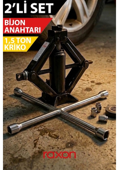 Oto Kriko 1.5 Ton Cırcırlı + 4 Lü Bijon Anahtarı Seti Universal Araç Krikosu Yol Yardım Seti